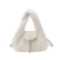 Studio view of a white faux-fur crescent bag with flap, leather straps and gold-tone hardware - With Pendant / White