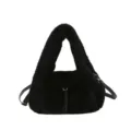 Black plush bag with rounded shape, short handle, side strap, metal clasps and front tassel - With Pendant / Black