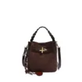Front view of a brown suede bag with braided handle, leather strap, gold clasp and tassel - With Pendant / Coffee