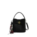 Black suede-texture bag with braided handle, gold T-clasp and wooden bead charm on white - With Pendant / Black