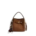 Brown suede-texture finish, braided handle, gold-tone clasp, detachable strap and wooden charm - With Pendant / Brown