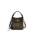 Olive suede bucket bag with braided handle, gold turn-lock clasp and dangling tassel on white - Green
