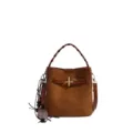 Brown suede-like finish with leather trim, braided handle and gold-tone clasp shown on the bag - With Pendant / Yellow Brown