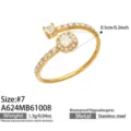 Detail view of a gold-tone open ring with clear stones, alongside size, weight and metal details - Square Style (A624) / Size 7 / Gold