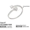 Open stainless steel ring with clear zirconia, round center stone and heart-shaped pavé cluster - Heart Style (A635) / Size 7 / Silver