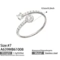 Adjustable stainless steel open ring with a geometric heart motif and sparkling white zircon stones - Round Style (A639) / Size 7 / Silver