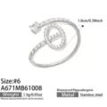 Adjustable stainless steel ring with a geometric openwork motif and clear stones in a silver tone - Rectangle Style (A671) / Size 7 / Silver