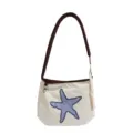 Cream crossbody shoulder bag with blue starfish print, dark brown strap and metal clasp - With Pendant / White