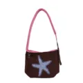 Brown nylon shoulder bag with a pink padded strap and blue-purple starfish print - With Pendant / Coffee Brown