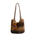 Brown faux-fur tote bag with deer pattern, long shoulder straps and a teddy bear charm - With Pendant / Leopard Coffee