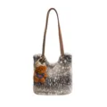 Spotted plush tote bag in brown and white, with a long brown strap and teddy bear charm - With Pendant / Gray Leopard Print