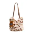 Plüschtasche mit Leopardenmuster, langen braunen Kunstlederriemen und kleinem Teddybär-Anhänger - Gepunktet Khaki