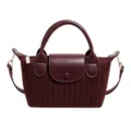 Burgundy striped women's dumpling handbag with faux-leather flap, top handles and detachable strap - With Pendant / Red