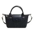 Small navy striped handbag with faux leather flap, top handles, and detachable shoulder strap - With Pendant / Blue