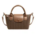Striped women's shoulder bag in coffee-brown fabric with faux-leather flap and detachable strap - With Pendant / Khaki