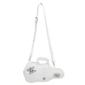 White guitar-shaped crossbody bag with adjustable strap, zip closure and decorative motifs - White