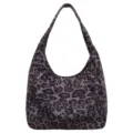 Slouchy suede-look tote shoulder bag in gray-brown leopard print, shown from the front - Gray