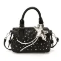Black quilted faux leather handbag with rhinestone accents and a silver star charm - With Pendant / Black