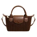 Brown striped wool-texture tote bag with faux-leather handles and an adjustable shoulder strap - With Pendant / Coffee Brown