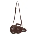 Brown guitar-shaped faux leather shoulder bag with skull, star and patch embellishments - Coffee Brown
