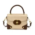 Beige faux suede mini crossbody bag with brown leather trim, top handle and gold-tone clasp - Off White