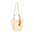 Ivory crocodile-embossed bucket shoulder bag with adjustable strap, silver buckle and bead charm - With Pendant / White