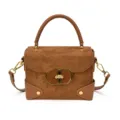 Brown suede-look mini handbag with PU leather trim, top handle, shoulder strap and gold clasp - Brown