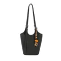 Black crocodile-embossed bucket shoulder bag with adjustable strap, silver hardware and bead tassel - With Pendant / Black