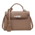Taupe-brown faux leather handbag with fine pebbled texture, top handle and silver turn-lock clasp - Khaki