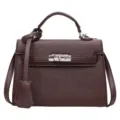 Brown faux leather bag with pebbled texture, silver clasp, top handle and detachable strap - Coffee Brown