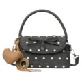 Women's black denim-look handbag with white polka dots, bow detail, top handle and shoulder strap - Black