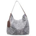 Blue-gray patchwork-print shoulder tote with brown faux-leather handle and hanging tag - Blue