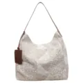 Ivory and camel jacquard shoulder tote with a brown leather strap and matching hanging tag - Khaki