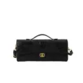 Black crocodile-embossed leather handbag with top handle, adjustable shoulder strap and gold hardware - Black