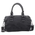 Black washed denim barrel bag with twin handles, detachable shoulder strap and silver-tone hardware - Black