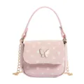 Small pink polka-dot handbag with a white butterfly clasp, top handle and gold chain strap - Pink