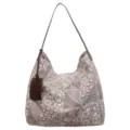 Large taupe and ivory floral-print canvas tote with a slim dark brown leather shoulder strap. - Coffee