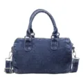 Dark blue denim Boston bag with top handles, silver hardware and an adjustable shoulder strap - Dark Blue