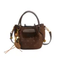 Brown suede-look bucket bag with beige polka dots, handles, adjustable strap and wood charms - Coffee Brown