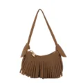 Brown suede-look fringe shoulder bag with a long strap, zip closure and gold heart charm - Dark Brown