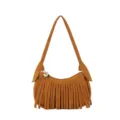 Brown suede-look mini shoulder bag with crescent shape, fringe trim and gold heart charm - Yellow Brown