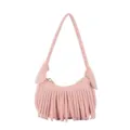 Small pink faux-suede shoulder bag with fringe trim, a single strap and gold-tone zipper pull - Pink
