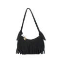Black fringed mini shoulder bag with a gold heart charm, zipper closure, and slim strap - Black