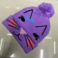 Purple children's knitted beanie with pom-pom and colorful cartoon cat face pattern - One Size (3-8 Years) / Cat Purple