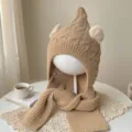 Camel knit hood and scarf displayed on a mannequin, showing pointed crown, ear details and pom-poms - Baby 2-5 Years Old Elastic / Khaki