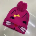 Pink children's knitted beanie with a playful cat face, folded cuff and matching pom-pom - One Size (3-8 Years) / Cat Rose Red