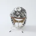 Leopard-print fleece winter trapper hat with cartoon eyes, cream ear flaps and braided ties - Kids 3-8 Years (50-54CM) / White Leopard Print