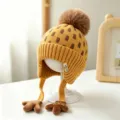 Children's yellow and brown knit hat with jacquard pattern, pom-pom, earflaps and ties - Baby 1-3 Years Elastic / Palm Yellow