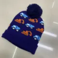 Deep purple children's knit beanie with blue and orange construction vehicles and a pom-pom - One Size (3-8 Years) / Vehicle Navy Blue