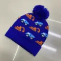 Blue children's knit beanie with pom-pom and orange excavator and light blue car jacquard - One Size (3-8 Years) / Vehicle Royal Blue